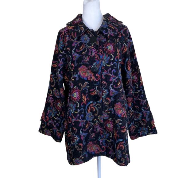 Habitat Sz M Floral Jacquard Tapestry Swing Coat Jacket Chunky Buttons Bohemian - Picture 3 of 16